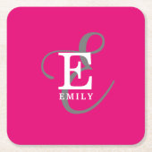 Custom Stijlvolle Monogram Typografie Hot Pink Vierkante Kartonnen Onderzetter (Voorkant)