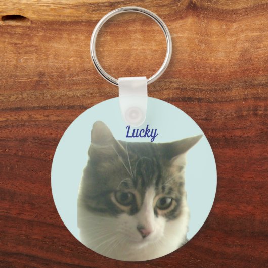 Custom Tabby Cat Photo on Light Blue Sleutelhanger (Voorkant)
