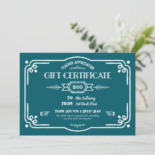 Custom Teacher Appreciation Gift Certificate Kaart (Staand voorkant)