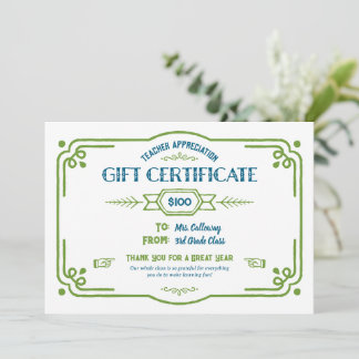 Custom Teacher Appreciation Gift Certificate Kaart