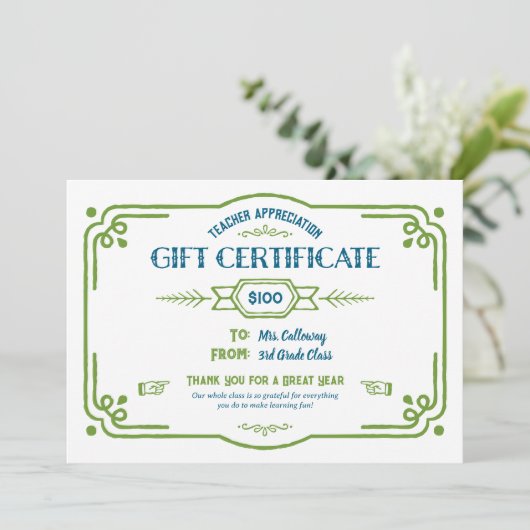 Custom Teacher Appreciation Gift Certificate Kaart (Staand voorkant)