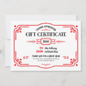Custom Teacher Appreciation Gift Certificate Kaart (Voorkant)