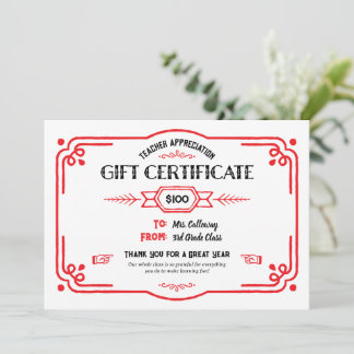 Custom Teacher Appreciation Gift Certificate Kaart