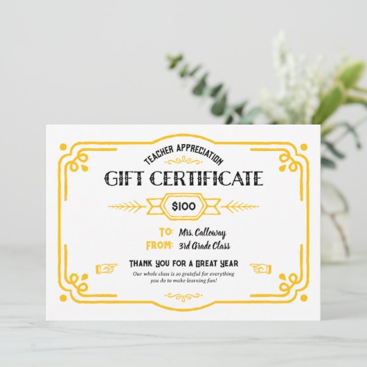 Custom Teacher Appreciation Gift Certificate Kaart (Staand voorkant)