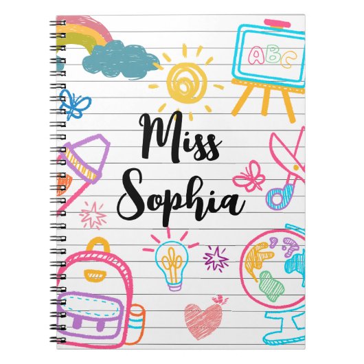Custom Teacher Name | Cute Colorful doodle Notitieboek (Voorkant)
