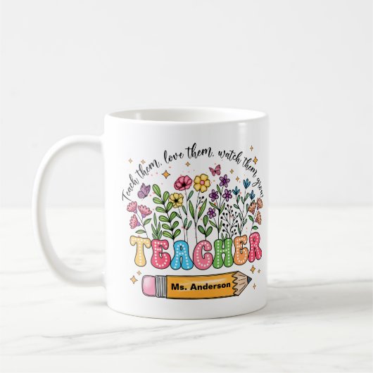 Custom Teacher Name Floral Mug "Teach Love Grow" Koffiemok (Links)