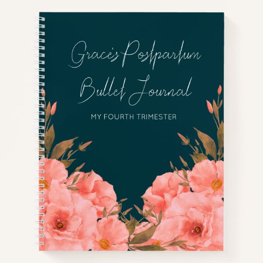 Custom Teal Floral Postpartum Journal For New Moms (Devant)