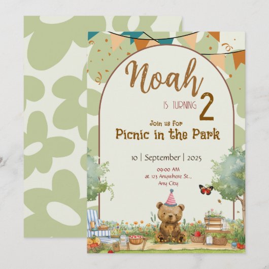 Custom Teddy Bear Picnic Birthday Invitation Kaart (Voorkant / Achterkant)