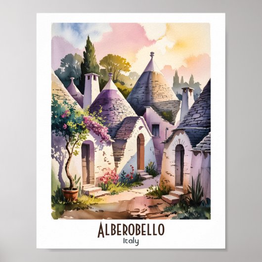 Custom Text Alberobello Italy Trulli Watercolor Poster (Voorkant)