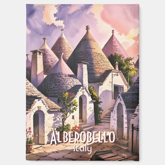Custom Text Alberobello Puglia Trulli Watercolor Magneet (Voorkant)