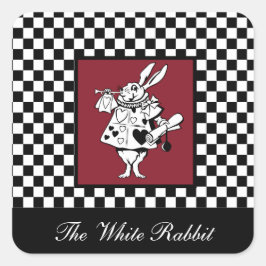 Custom Text Alice in Wonderland White Rabbit Check Vierkante Sticker