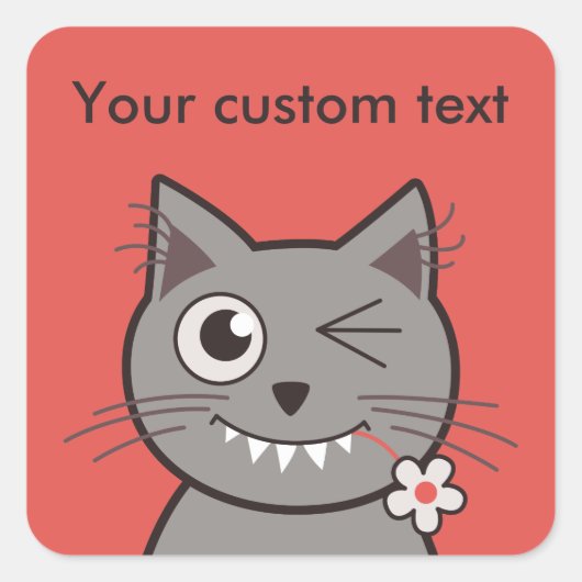 Custom Text Funny Winking Cartoon Kitty Cat Vierkante Sticker (Voorkant)