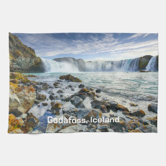 Custom Text Godafoss Waterfall, IJsland Theedoek (Horizontaal)
