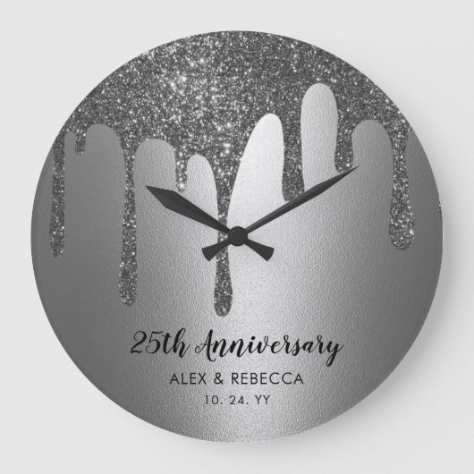 Custom Text Silver Drips 25th Wedding Jubileum Grote Klok (Voorkant)