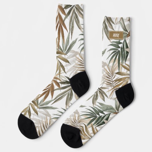 Custom Tropical Leaf Gouden Houtskool Naam Ontwerp Sokken (Links)