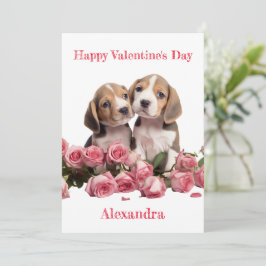 Custom Twee Beagles met Roze Rose Valentijn Feestdagenkaart