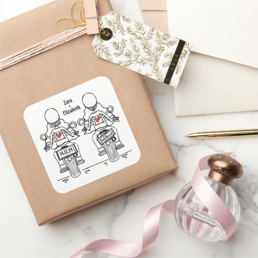 Custom Twee Bruiden Biker Motorfiets Lesbische Bru Vierkante Sticker (Geschenken)