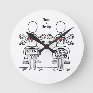 Custom Twee Bruiden Biker Motorfiets Trouwklok Ronde Klok