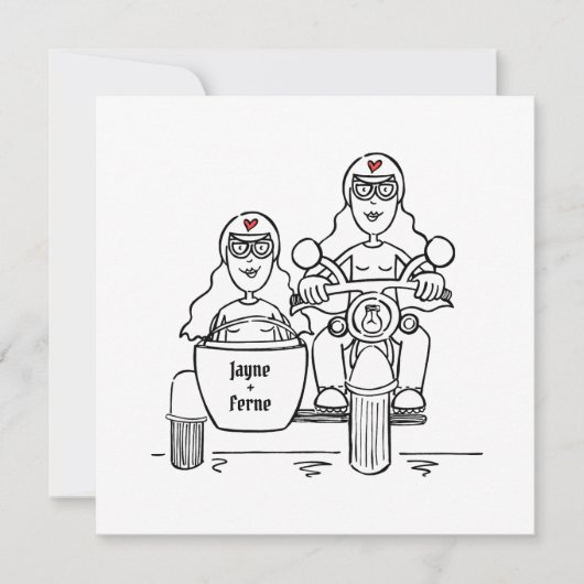 Custom Twee Bruiden Motorfiets en Sidecar Bruiloft Kaart (Voorkant)