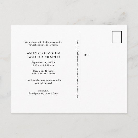 Custom Twin Baby shower dank u Aankondigingskaart (Achterkant)