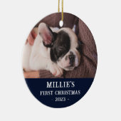 Custom Two Sided Blue Eerste Kerstmis Puppy Foto Keramisch Ornament (Rechts)