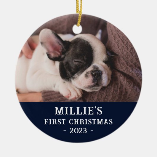 Custom Two Sided Blue Eerste Kerstmis Puppy Foto Keramisch Ornament (Voorkant)