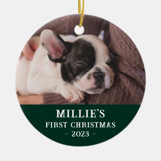 Custom Two Sided Green Eerste Kerstmis Puppy Foto Keramisch Ornament (Voorkant)