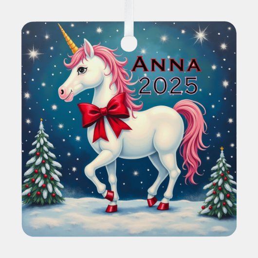 Custom Unicorn Red Bow Metalen Ornament (Voorkant)