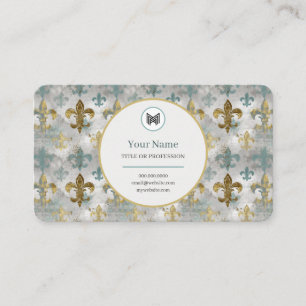 CUSTOM Verweerde Fleur de Lis   Aqua Blue & Gold Visitekaartje