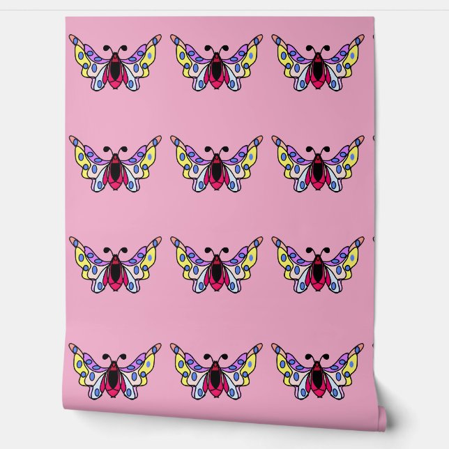 Custom Vibrant Modern Folk Butterfly Art Behang (Afrollen)