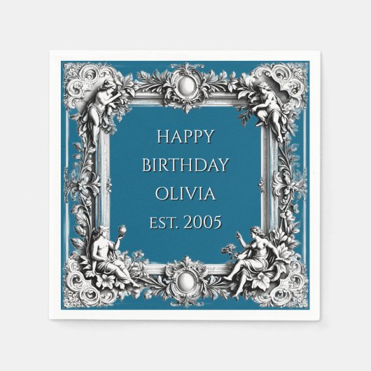 Custom Victorian Scroll Frame Napkin – dark blue Servet (Voorkant)