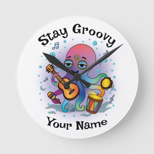 Custom Wall Clock | Retro Octopus | Name & Text Ronde Klok (Voorkant)