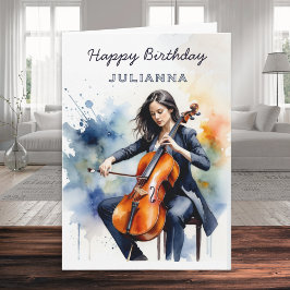 Custom Watercolor Cellist Musician Happy Birthday Kaart