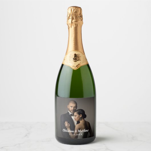 Custom Wedding Bride and Groom's Photo Sparkling Wijnetiket (Voorkant)