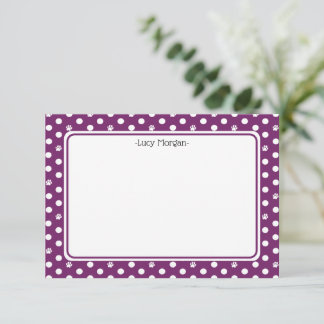 Custom Whimsical Paw Print Polka Dot Purple Note Kaart