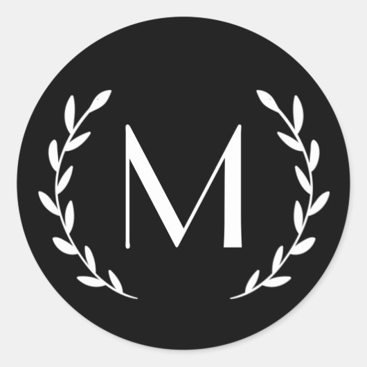 Custom White Black Laurel Monogram Letter Initiaal Ronde Sticker (Voorkant)