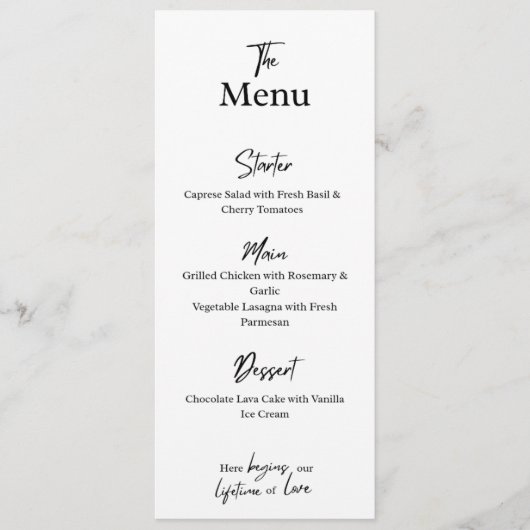Custom White Menu Card . Wedding, Party, or Dinner (Devant)