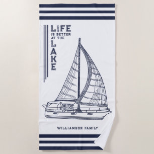 Custom White Navy Blue Life is beter bij het meer Strandlaken