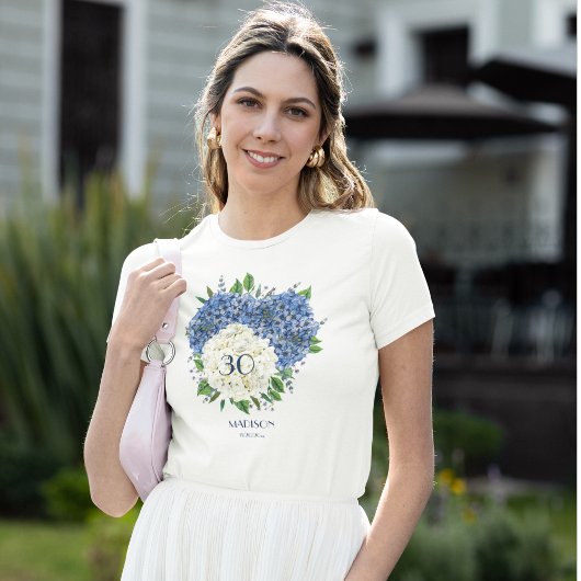 Custom Wit Blauw Hydrangeas 30e Verjaardagsfeest T-shirt
