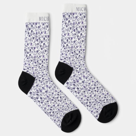 Custom Wit Bloemen Licht Donker Paarse Violet Sokken (Rechts)