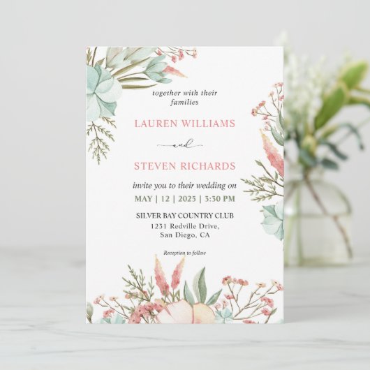 Custom Wit Groen Roze Pastel Boho Wedding Kaart (Staand voorkant)