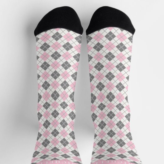 Custom Wit Roze Grijs Geruite Argyle Patroon Sokken (Top)