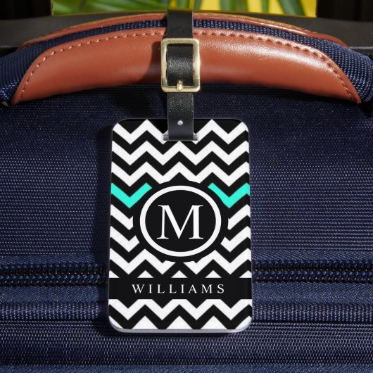 Custom Wit Zwart Turquoise Blauw Chevron Patroon Bagagelabel (Voorkant Insitu 2)