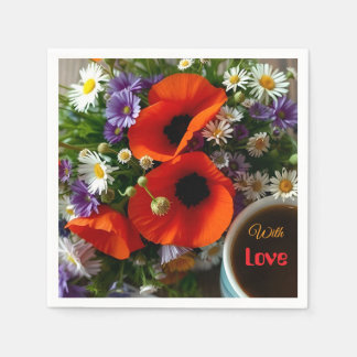 Custom "With Love" Cup of Coffee & Red Poppies Servet