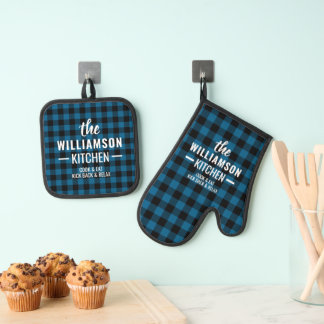 Custom Zwart Blauw Buffel Lumberjack Plaid Patroon Ovenwant & Pannenlap Set