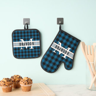 Custom Zwart Blauw Buffel Lumberjack Plaid Patroon Ovenwant & Pannenlap Set