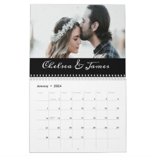 Custom Zwart Elegant Kalligrafie Paar Foto Kalender