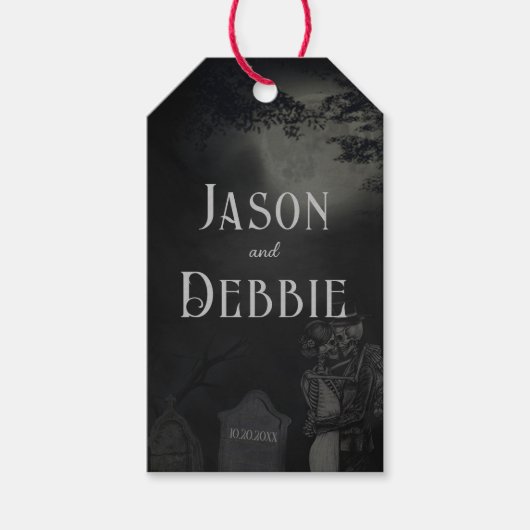 Custom Zwart en Grijs Bloemen Gotische Bruiloft Cadeaulabel (Voorkant)