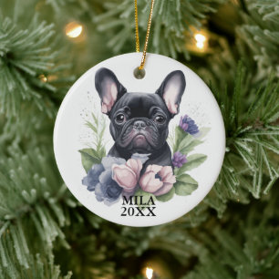 Custom Zwart Frenchie Pug Dog Waterverf Kerst Keramisch Ornament