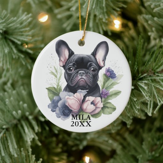 Custom Zwart Frenchie Pug Dog Waterverf Kerst Keramisch Ornament (Boom)